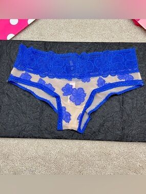 VTG Victoria’s Secret PINK Beige Mesh Blue Floral Lace XLR Cheekster Panties XS